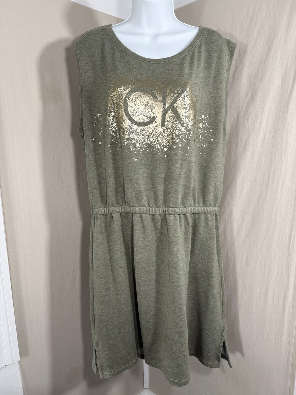 Calvin Klein Olive Knit Sleeveless Gold Logo Dress L